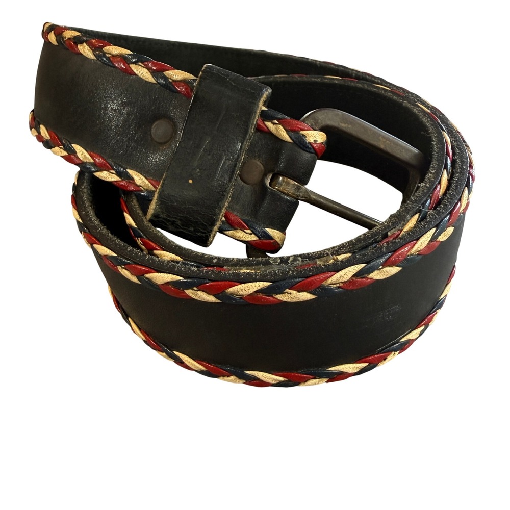 Leather Belt Women 38 Cowhide Leather Black Red White Blue Braided Trim Western